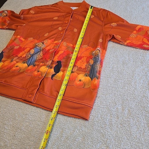 VTG BLAIR Women's Scarecrow And Pumpkins Snap Up Sweatshirt Jacket size L Orange - Picture 11 of 13